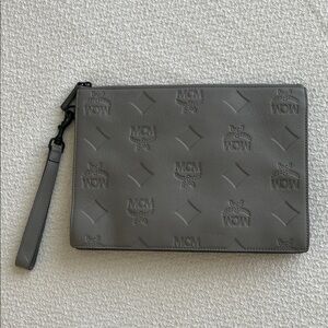 MCM Embossed Gray Leather Pouch